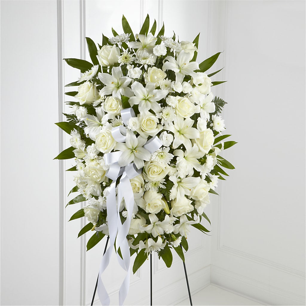 Exquisite Tribute Standing Spray-White Ribbon – Flowers By Louise, Wasilla AK