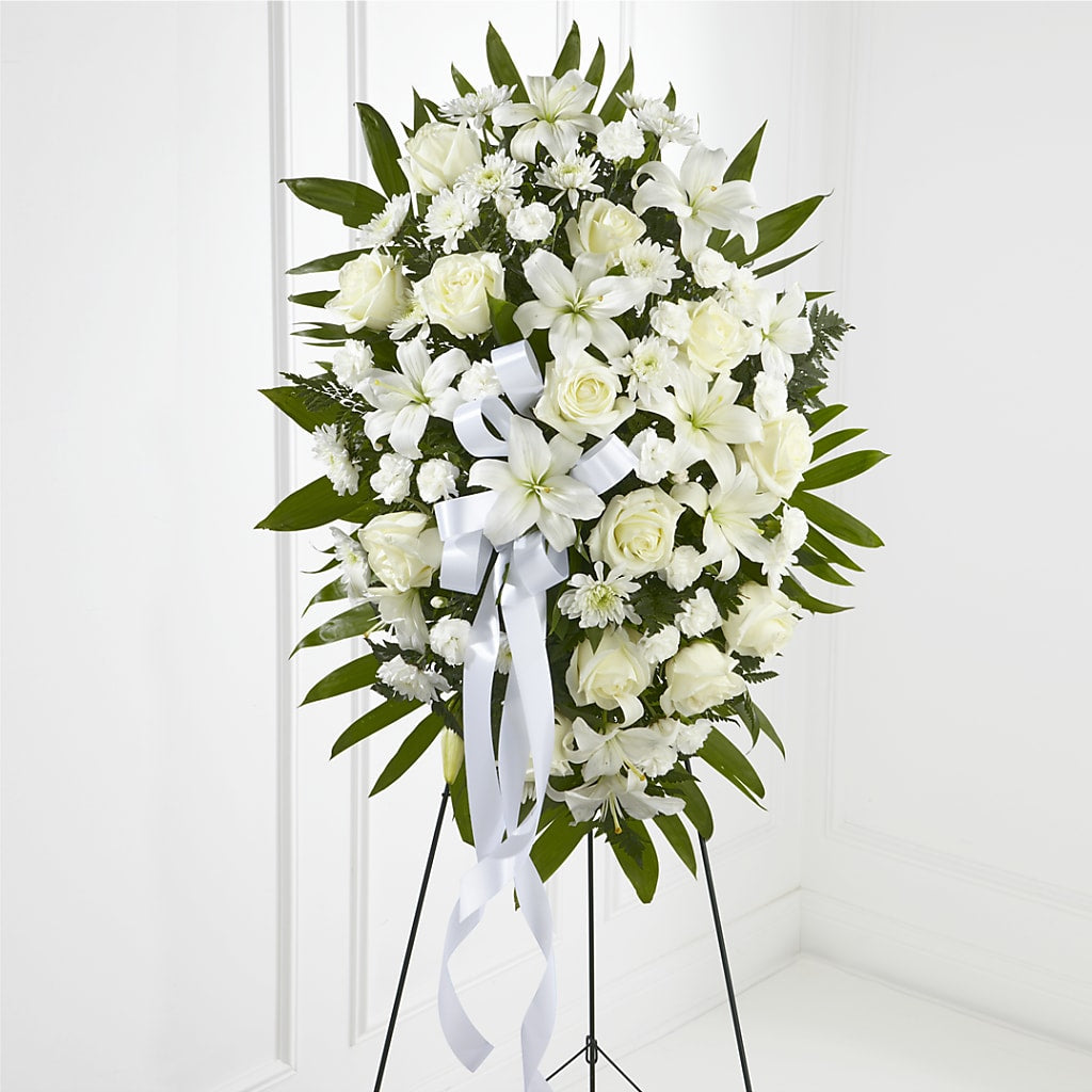 Exquisite Tribute Standing Spray-White Ribbon – Flowers By Louise, Wasilla AK
