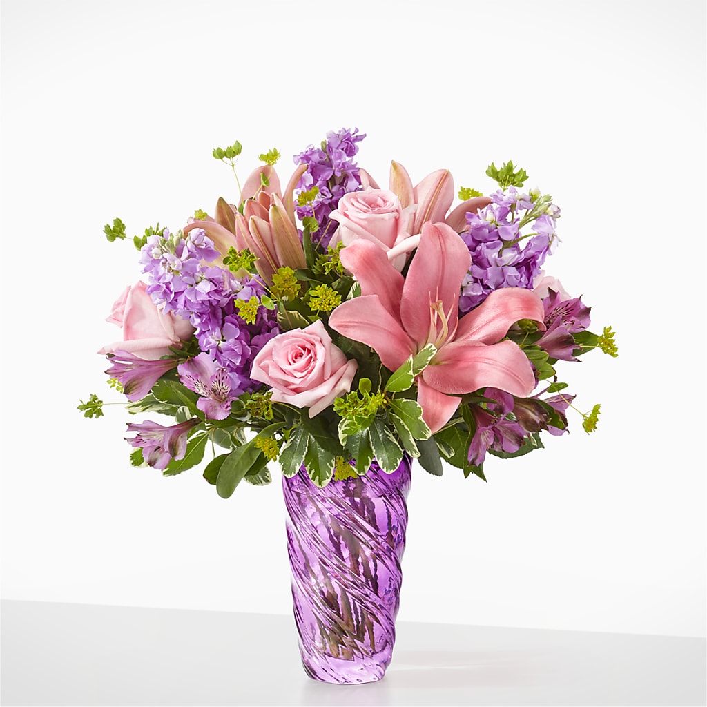 Precious Petals Bouquet with Luxe Swirl Vase – Flowers By Louise, Wasilla AK