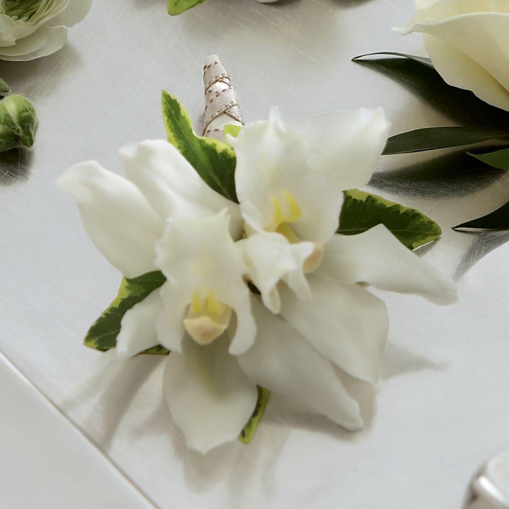 White Mini Cymbidium Boutonniere – Flowers By Louise, Wasilla AK